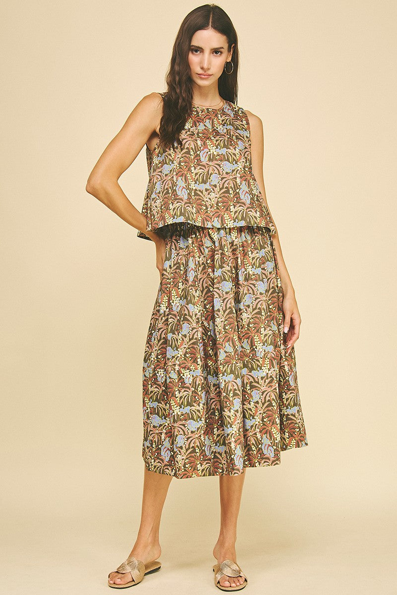 Deep Olive Palm Printed Skirt Set