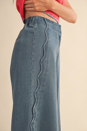 Denim Scallop Edge Wide Leg Pants (1 SMALL)