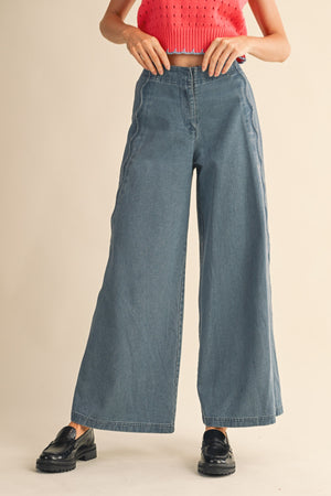 Denim Scallop Edge Wide Leg Pants (1 SMALL)
