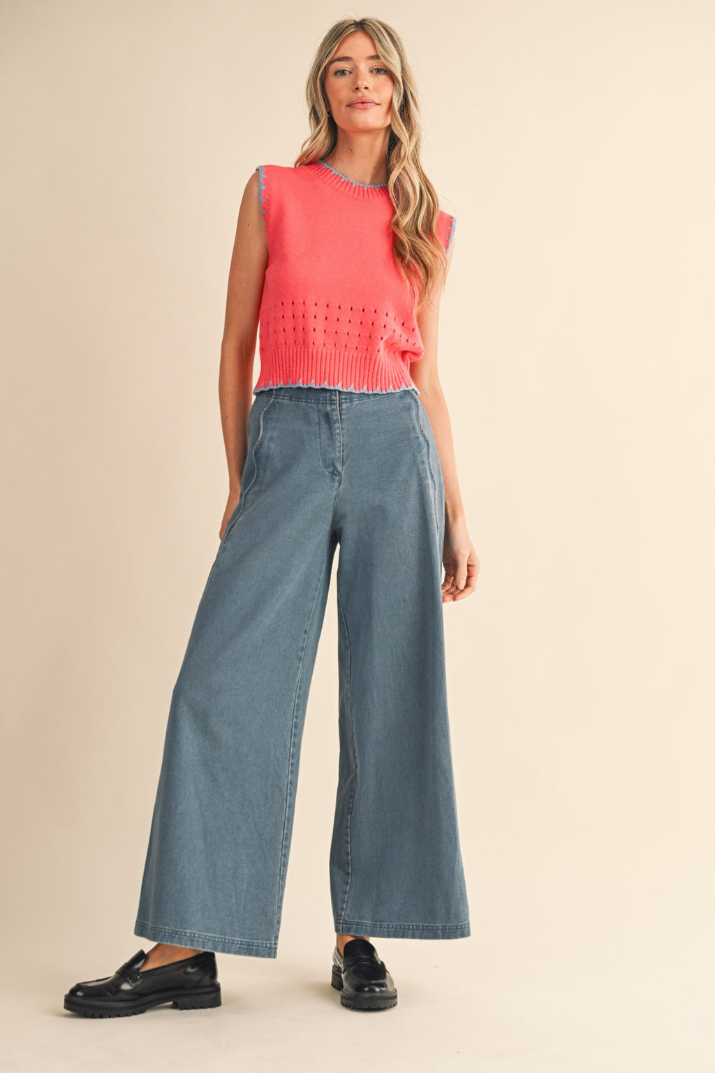 Denim Scallop Edge Wide Leg Pants (1 SMALL)
