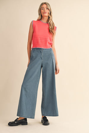Denim Scallop Edge Wide Leg Pants (1 SMALL)