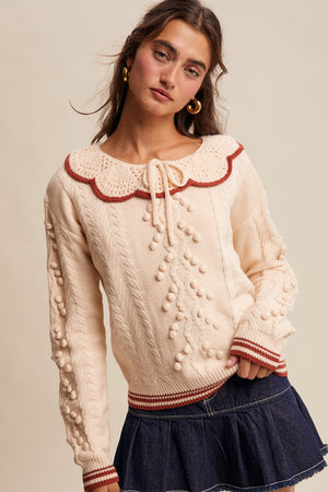 Ecru Crochet Collared Knit Sweater