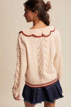 Ecru Crochet Collared Knit Sweater