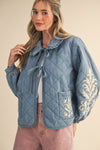 Denim Embroidered Quilted Tie Front Jacket (1 LARGE)