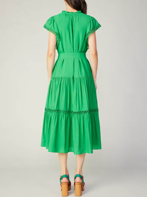 Current Air Spring Green Split Neck Tiered Midi Dress w/ Embroidered Detail