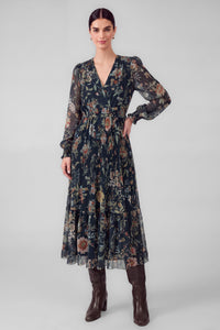 Current Air | Navy Floral Pleated Midi Dress