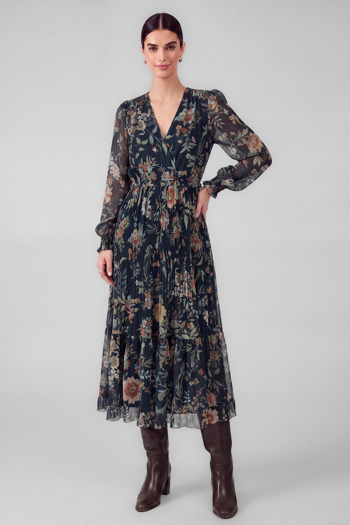 Current Air | Navy Floral Pleated Midi Dress