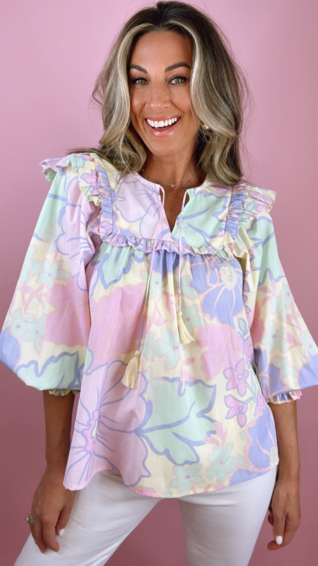 Karlie Large Flower Poplin Ruffle V-neck Top