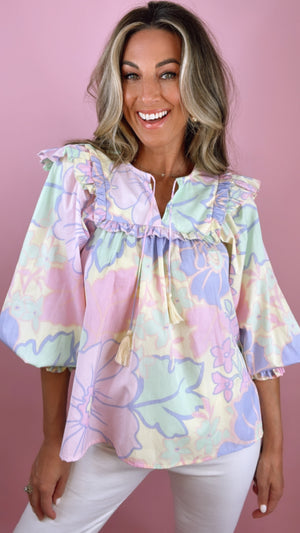 Karlie Large Flower Poplin Ruffle V-neck Top