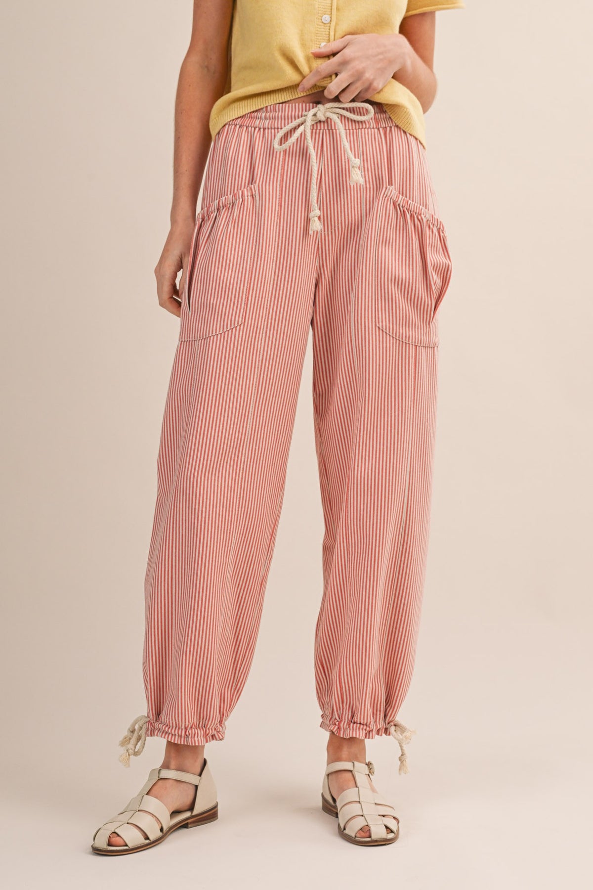 Salmon Pink Stripe Pant w/ Cinch Ankle