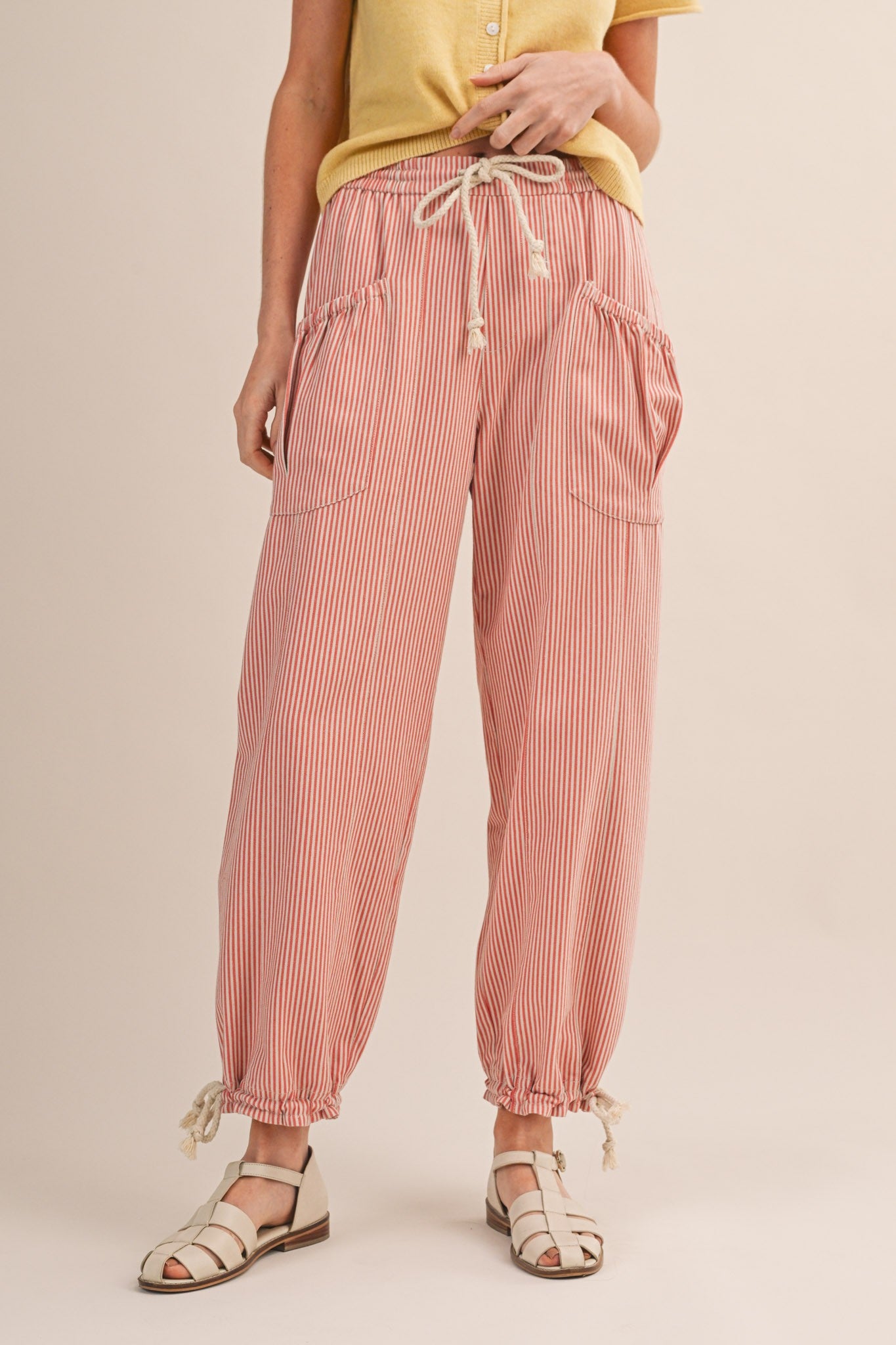 Salmon Pink Stripe Pant w/ Cinch Ankle