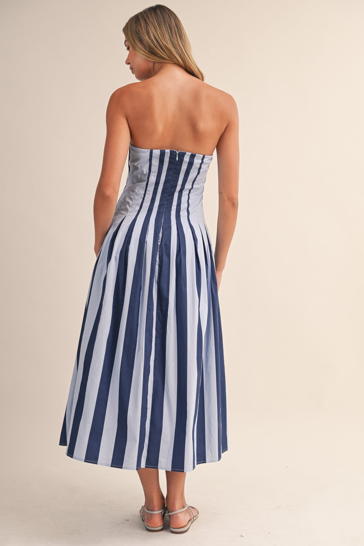 Navy Stripe Pleated Flare Midi Dress