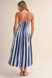 Navy Stripe Pleated Flare Midi Dress