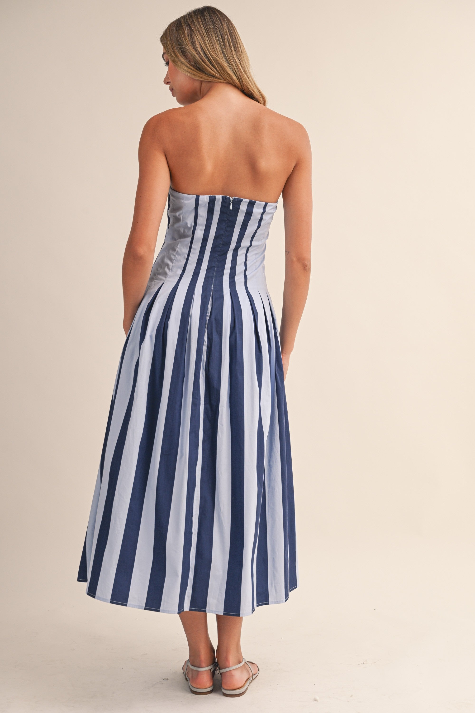 Navy Stripe Pleated Flare Midi Dress