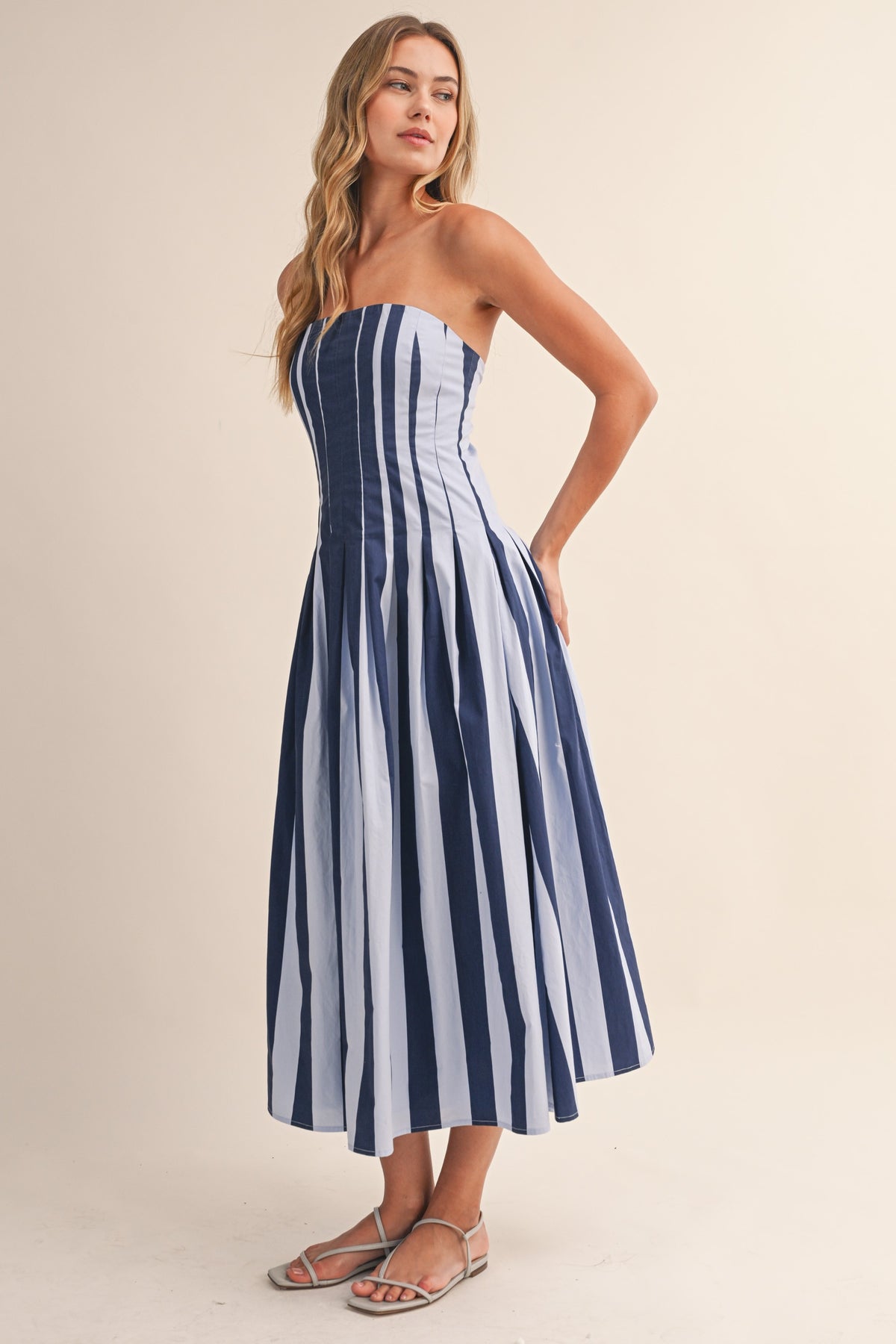 Navy Stripe Pleated Flare Midi Dress