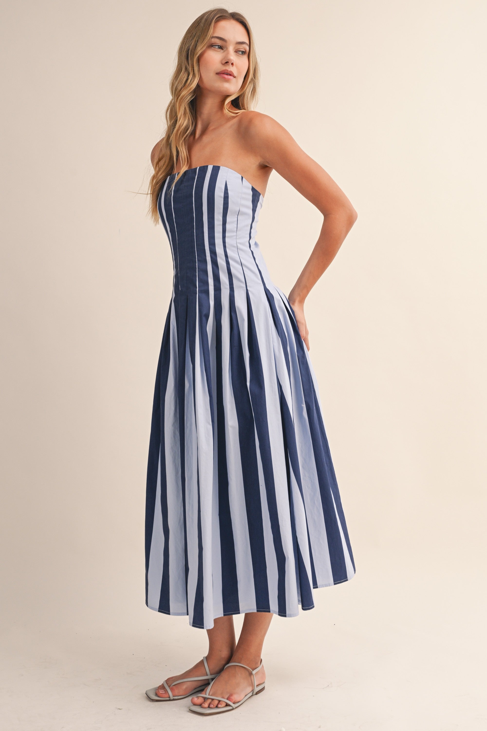 Navy Stripe Pleated Flare Midi Dress