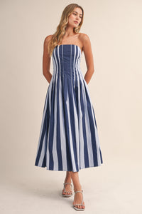 Navy Stripe Pleated Flare Midi Dress