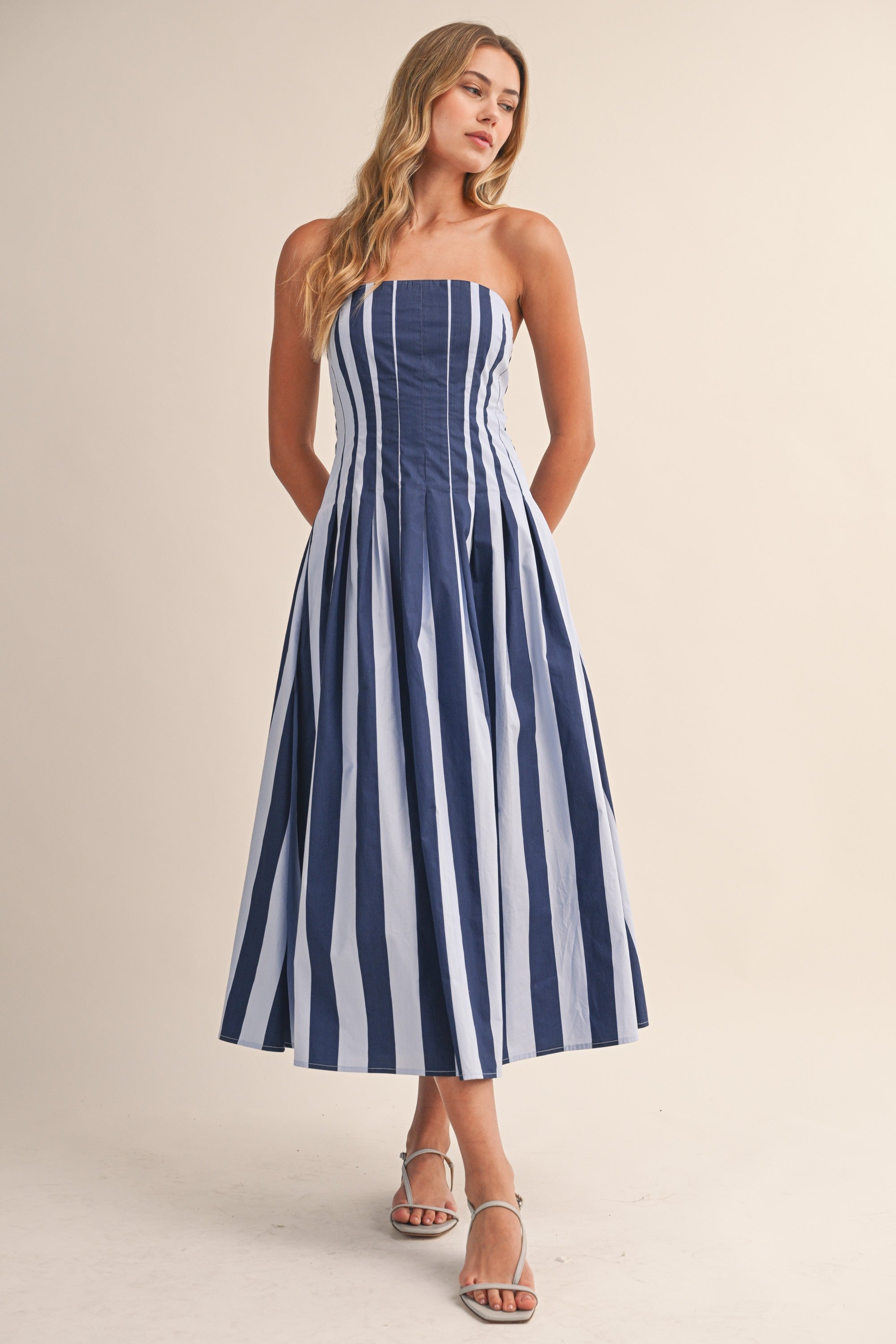 Navy Stripe Pleated Flare Midi Dress