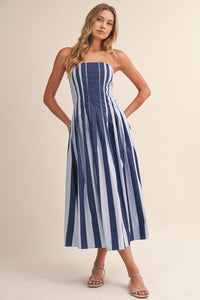 Navy Stripe Pleated Flare Midi Dress