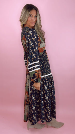 Navy Floral Patchwork Midi Dress