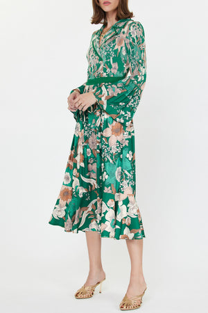 Current Air Green Floral Notched Collar Midi Dress
