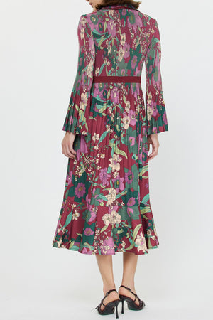 Current Air Wine Floral Notched Collar Midi Dress