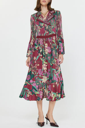 Current Air Wine Floral Notched Collar Midi Dress