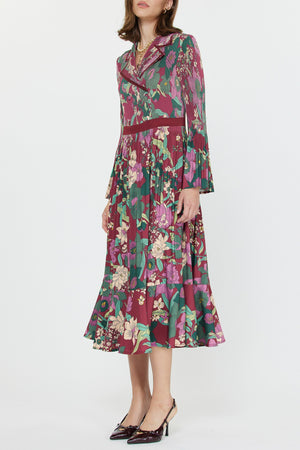 Current Air Wine Floral Notched Collar Midi Dress