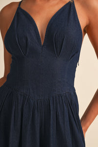 Klesis | Denim Plunge COrset Balloon Jumpsuit