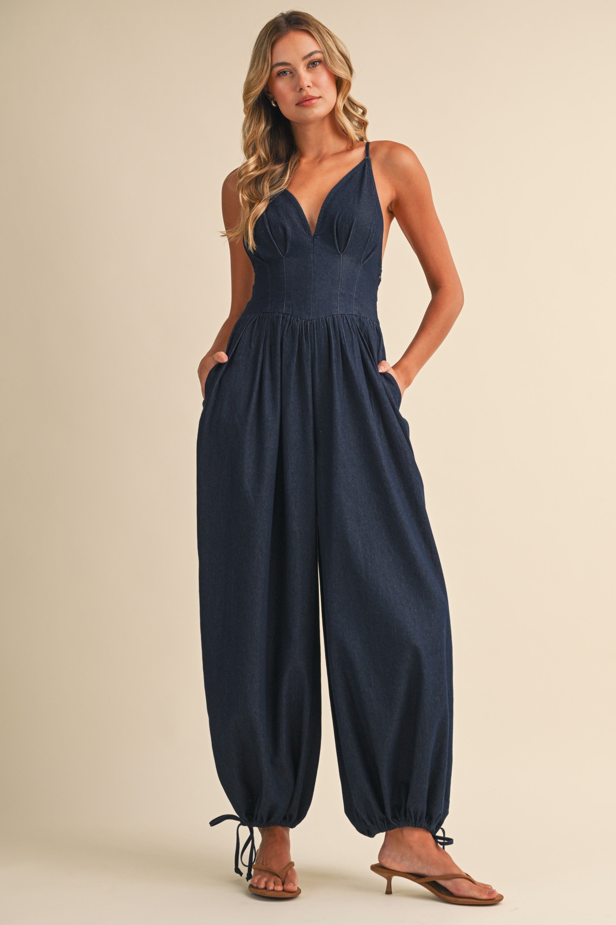 Klesis | Denim Plunge COrset Balloon Jumpsuit