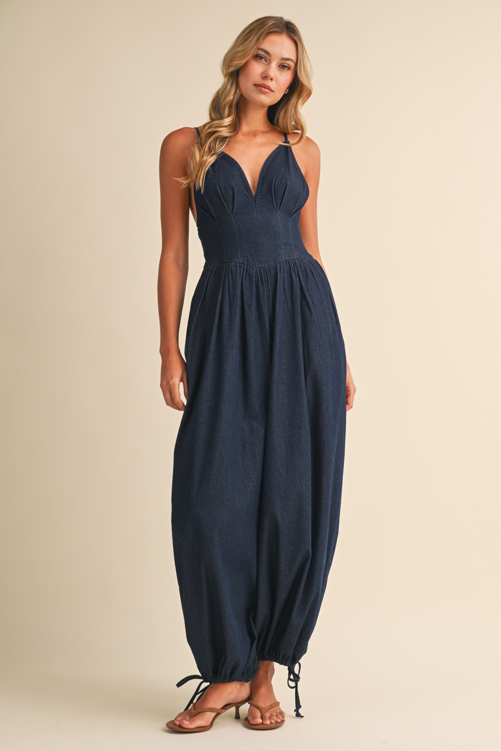 Klesis | Denim Plunge COrset Balloon Jumpsuit