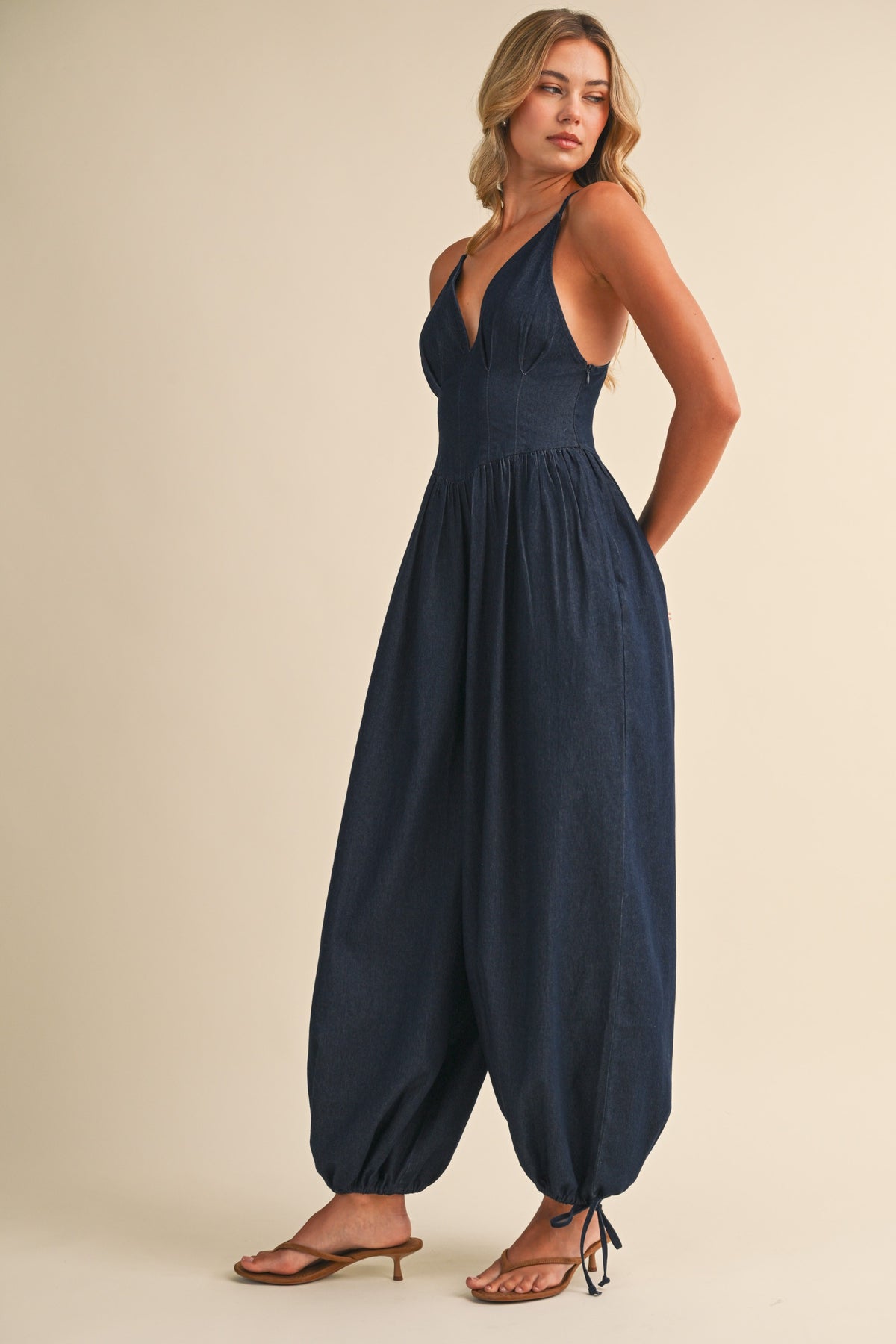 Klesis | Denim Plunge COrset Balloon Jumpsuit