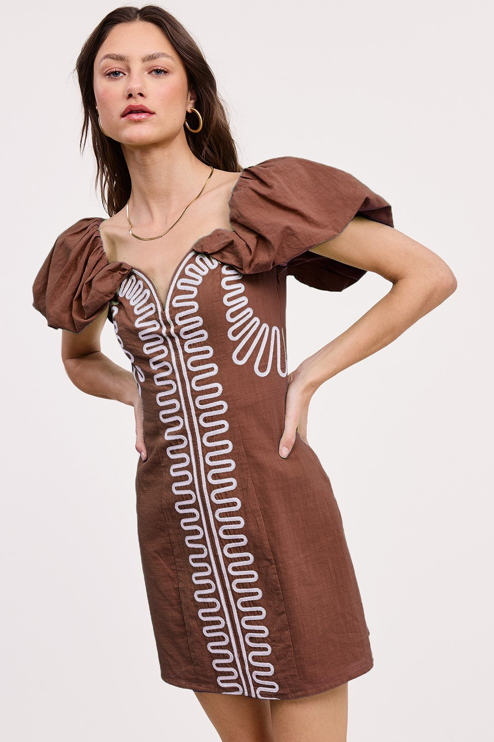 Brown Off-Shoulder Embroidered Linen Mini Dress