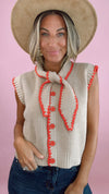 Red Tie Neck Sweater Vest with Contrast Blanket Stitch