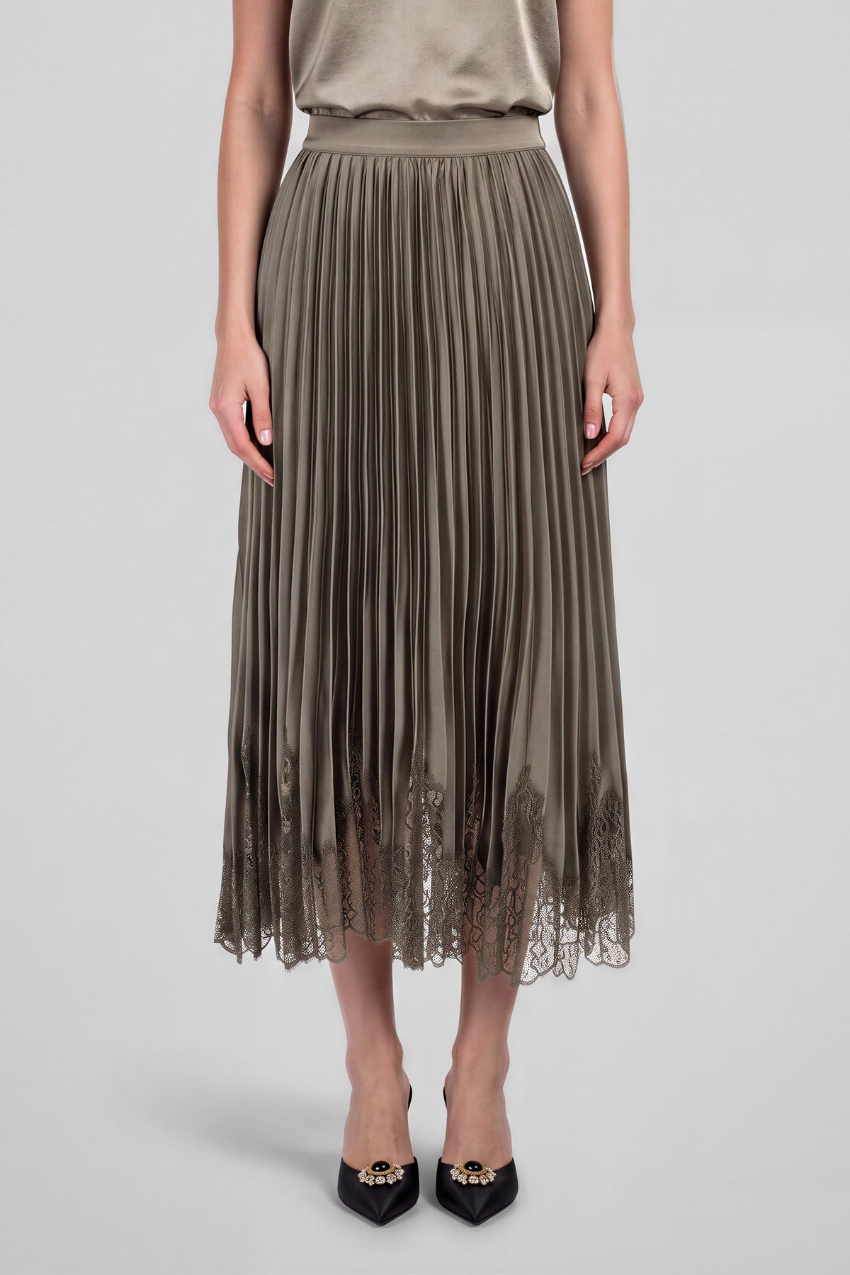 Current Air | Taupe/Grey Pleated Lace Hem Midi Skirt