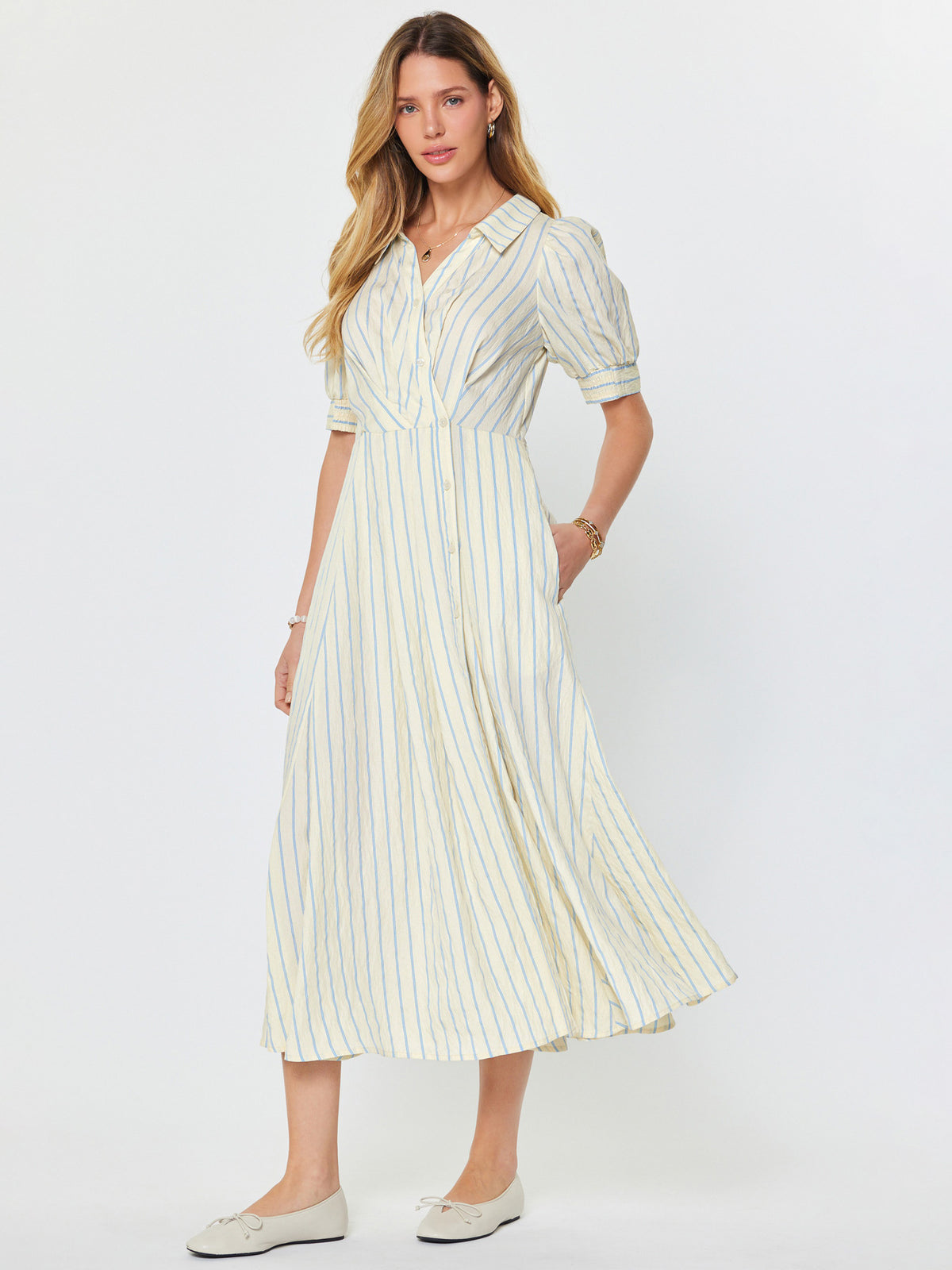 Current Air | Ivory/Blue Stripe Collared Buttondown Midi Dress (1 SMALL)