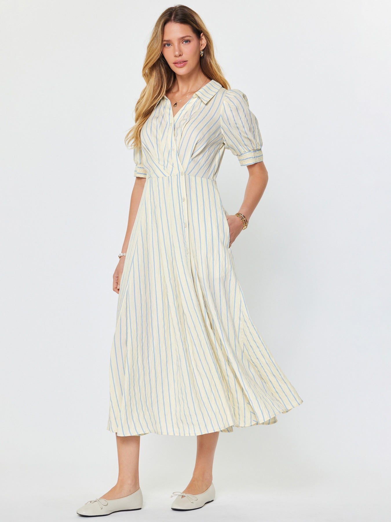 Current Air | Ivory/Blue Stripe Collared Buttondown Midi Dress (1 SMALL)