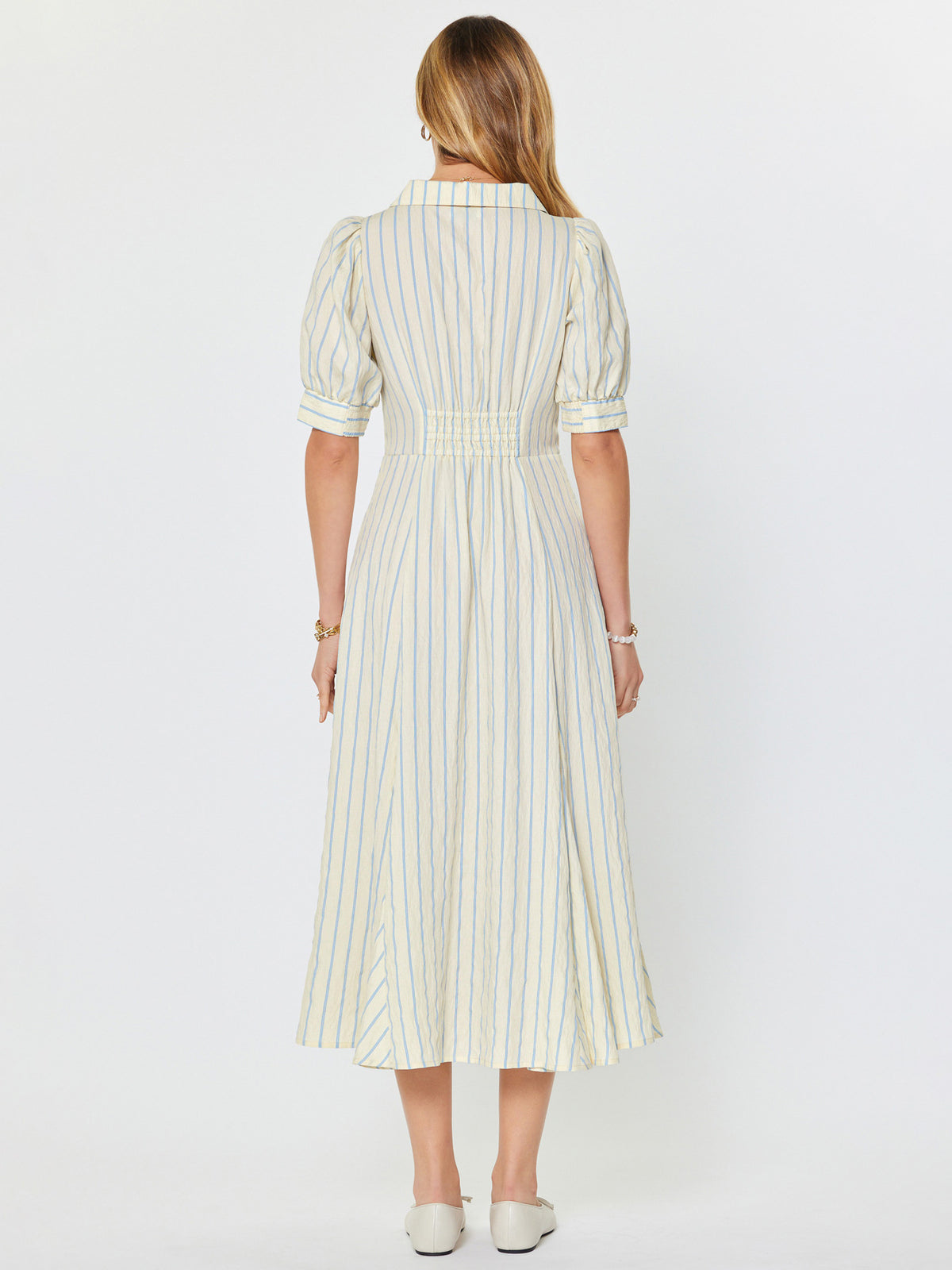 Current Air | Ivory/Blue Stripe Collared Buttondown Midi Dress (1 SMALL)