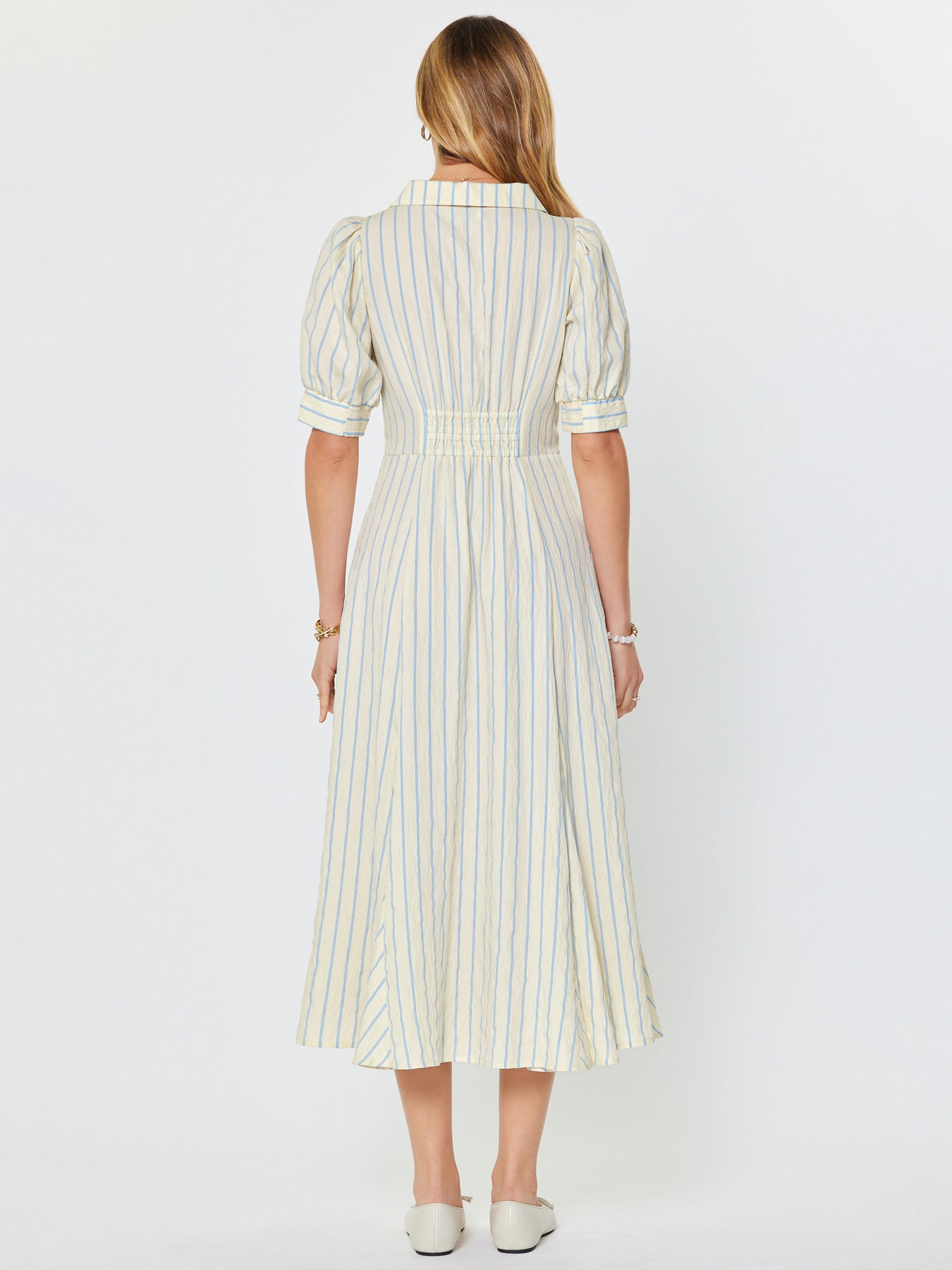 Current Air | Ivory/Blue Stripe Collared Buttondown Midi Dress (1 SMALL)
