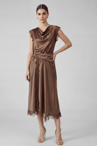 Current Air | Brown Lace Detail Asymmetrical Hem Midi Dress