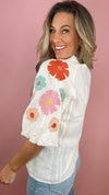 THML Cream Embroidered Floral Puff Sleeve Top