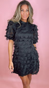 Black Crew Neck Puff Sleeve Mini Dress