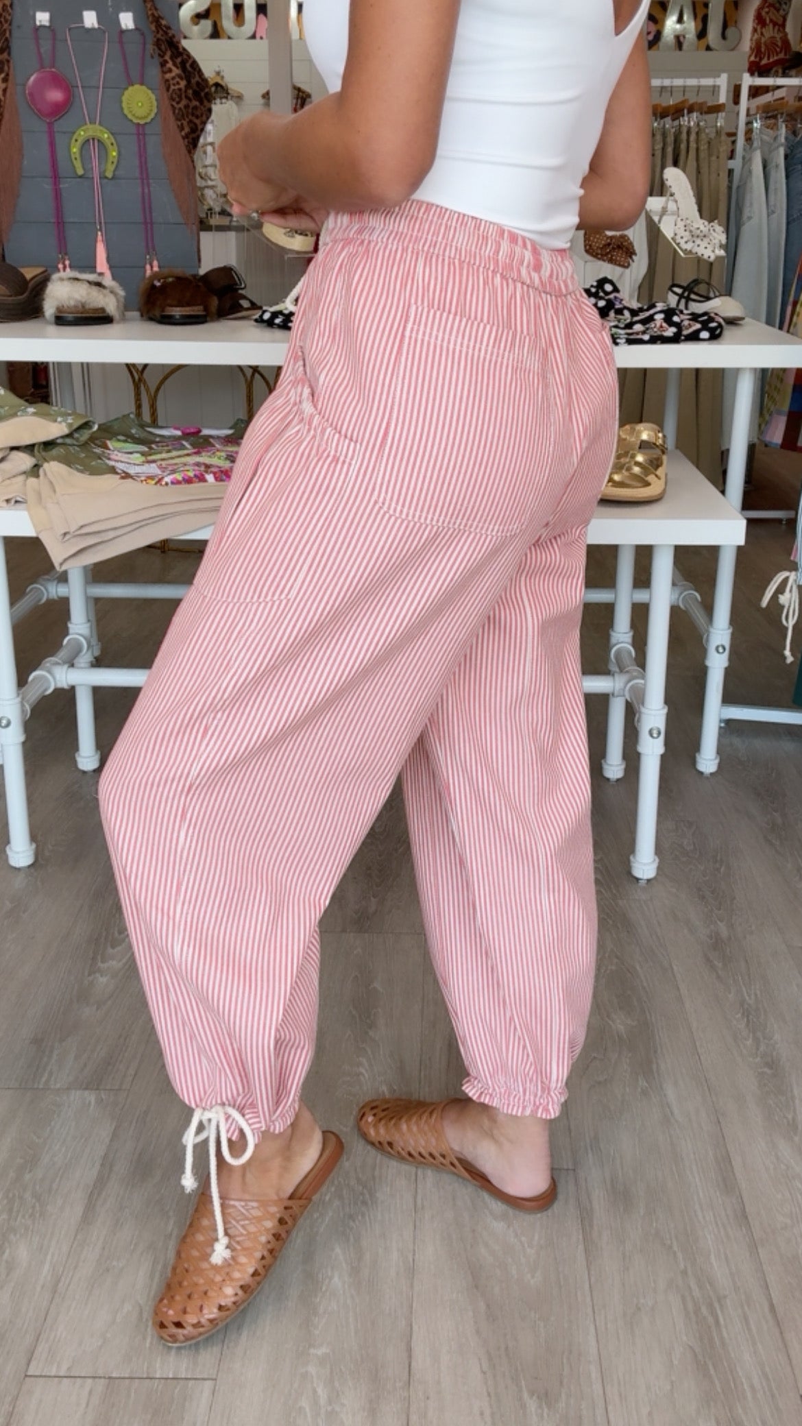 Salmon Pink Stripe Pant w/ Cinch Ankle