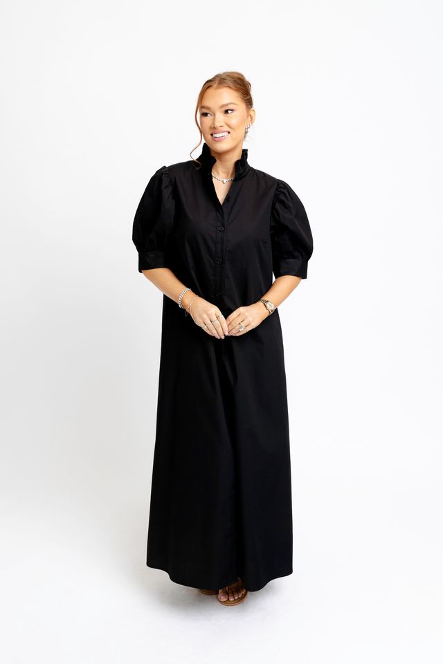 Karlie | Black Ruffle Neck Maxi Shirt Dress