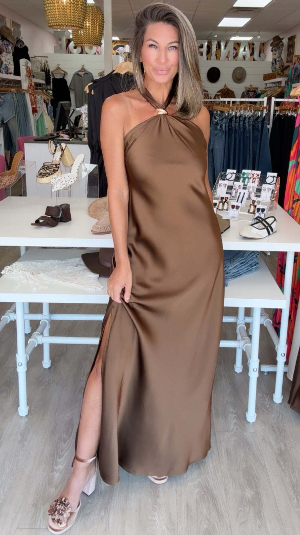 Karlie | Brown Solid Satin Halter Maxi Dress