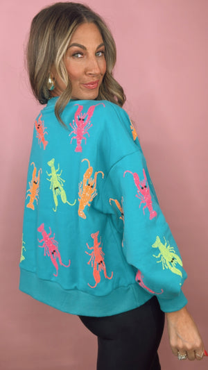 Queen of Sparkles Teal V-Neck Crawfish Sweatshirt