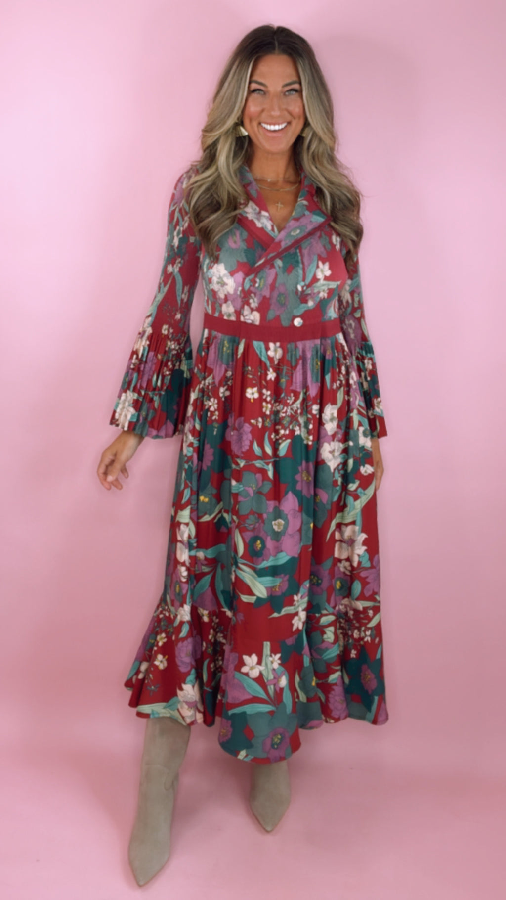 Current Air Wine Floral Notched Collar Midi Dress