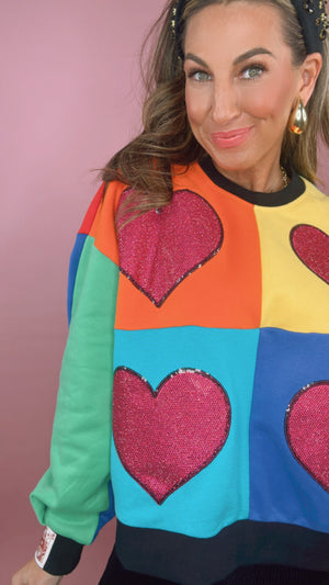 Queen of Sparkles Colorblock Rainbow Rhinestone Heart Sweatshirt