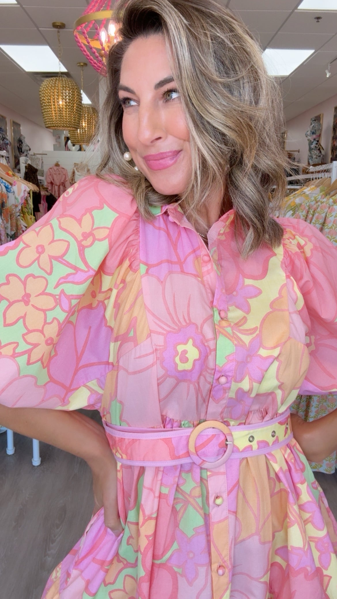 Karlie | Lime Big Floral Pastel Dress w/ Belt