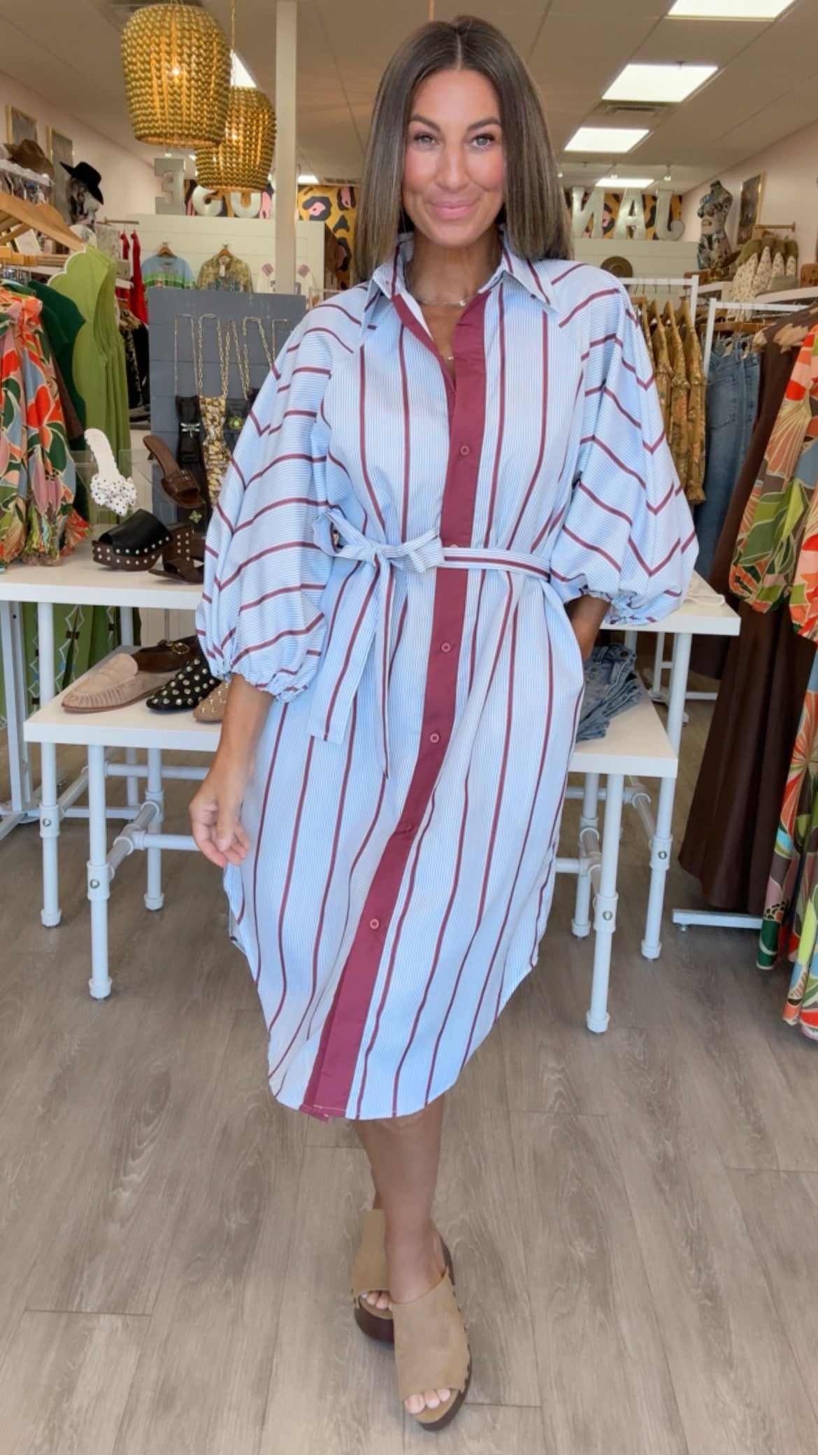 Karlie | Burgundy Stripe Midi Shirt Dress